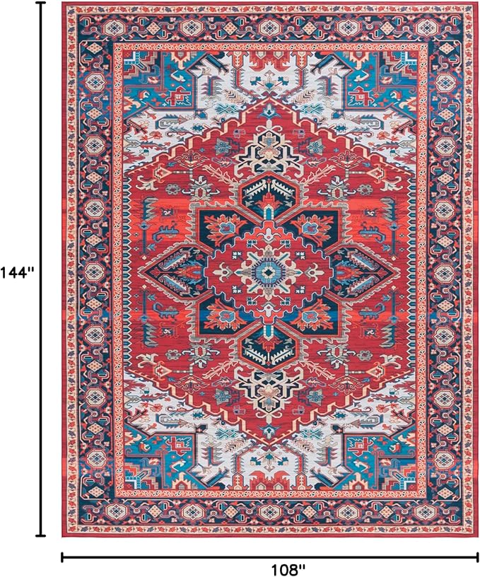 SAFAVIEH Washable Rug Tucson Collection - 9' x 12', Red & Blue, Slip Resistant & Easy to Clean, Ideal for Living Room, Bedroom, Dining Space (TSN101Q)