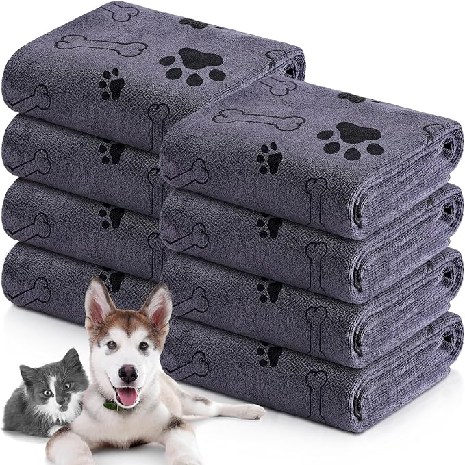8 Pcs Dog Towels for Drying Dogs Cats Pet Towels Bulk Puppy Microfiber Quick Drying Paw Bath Bathing Supplies Absorbent for Medium Pets(Gray,55 x 28 Inch)