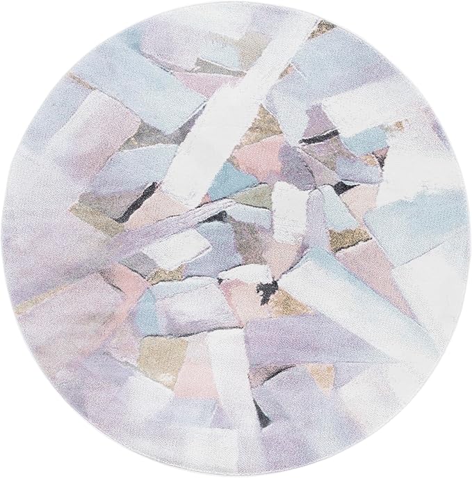 SAFAVIEH Porcello Collection Area Rug - 6'7" Round, Blue & Pink, Modern Abstract Pattern, Non-Shedding & Easy Care, Ideal for Living Room, Foyer, Bedroom (PRL6937J-7R)