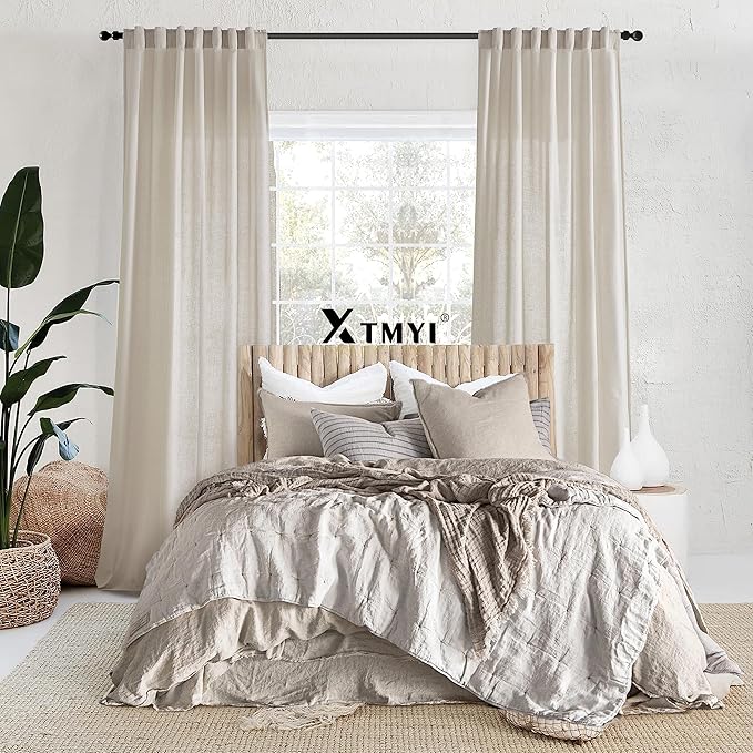 XTMYI Oatmeal 100 Inches Long Country Curtains for Living Room,Sheer Linen Curtains for Bedroom,50 Inches Wide
