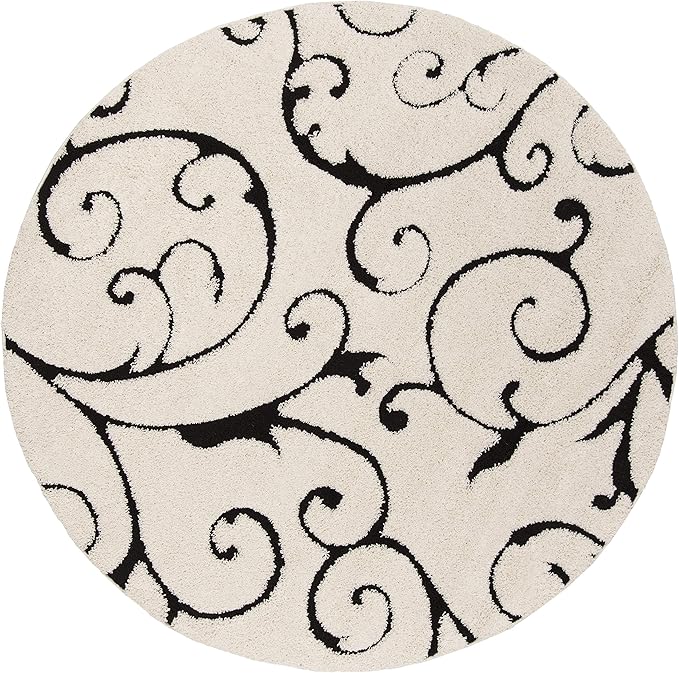 SAFAVIEH Florida Shag Collection Area Rug - 4' Round, Ivory & Black, Scroll Design, Non-Shedding & Easy to Clean, High-Low Plush Pile, Ideal for Living Room, Bedroom, Dining Space (SG455-1290)
