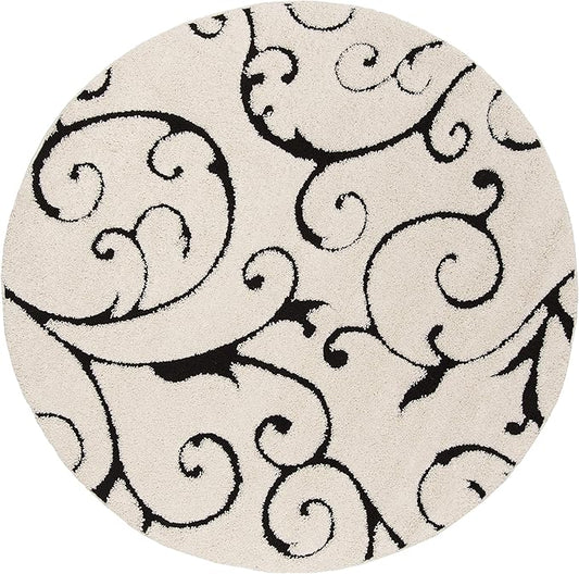 SAFAVIEH Florida Shag Collection Area Rug - 4' Round, Ivory & Black, Scroll Design, Non-Shedding & Easy to Clean, High-Low Plush Pile, Ideal for Living Room, Bedroom, Dining Space (SG455-1290)