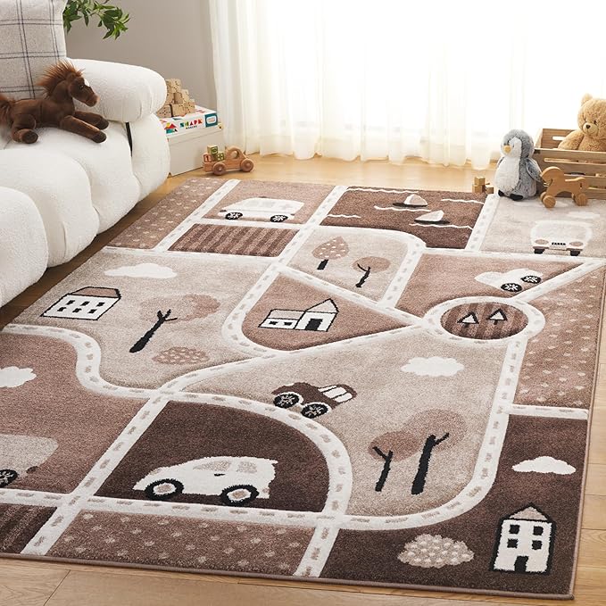SAFAVIEH Carousel Kids Collection Area Rug - 4' x 6', Brown/Beige, Geometric Design, Ideal for High Traffic Areas in Living Room, Bedroom, Dining (CRK193T)