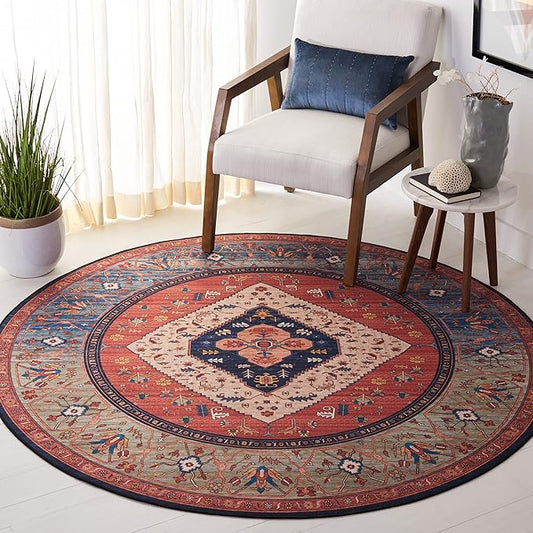 SAFAVIEH Washable Rug Tucson Collection - 3' Round, Rust & Blue, Slip Resistant & Easy to Clean, Ideal for Foyer, Entryway, Kitchen, Bedroom (TSN153P)