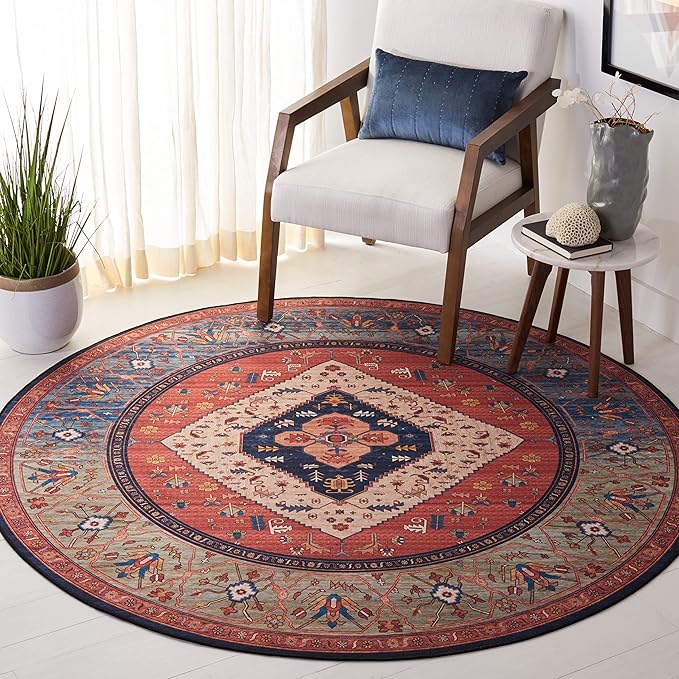 SAFAVIEH Washable Rug Tucson Collection - 6' Round, Rust & Blue, Slip Resistant & Easy to Clean, Ideal for Living Room, Bedroom, Dining Space (TSN153P)