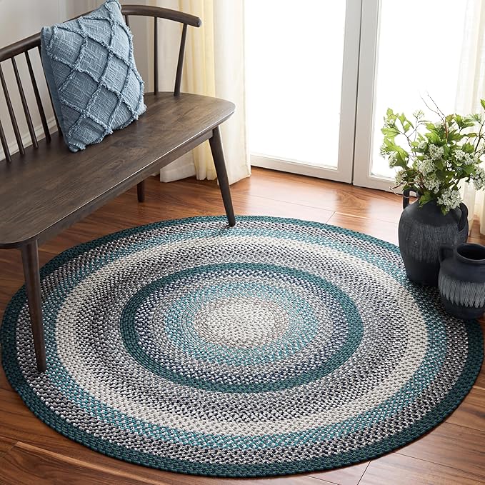 SAFAVIEH Washable Rug Outdoor Braided Collection - 5' Round, Teal & Multi, Handmade & Reversible, Non-Shedding & Easy to Clean, Ideal for Patio, Backyard, Deck, Kitchen, Mudroom (BRD308J)