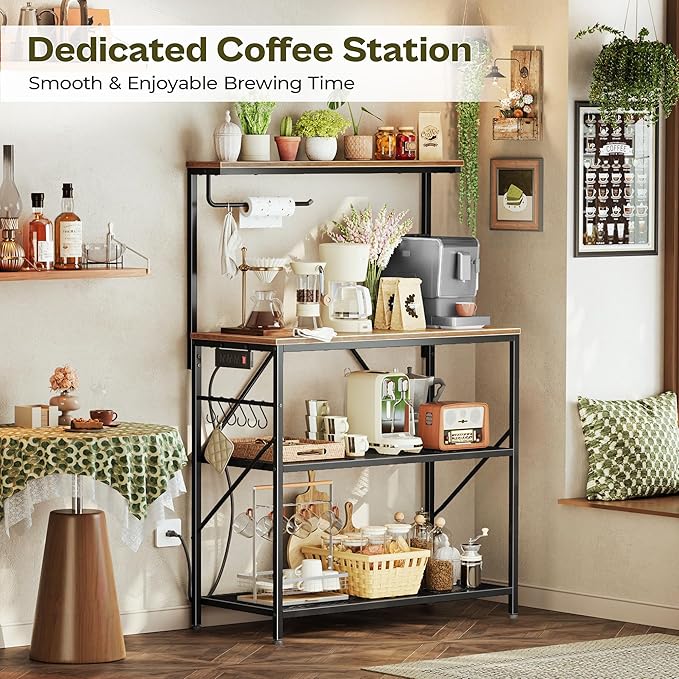 Huuger 4-Tier Bakers Rack with Reversible Power Outlet, 31.5 Inch Microwave Stand with Paper Towel Holder, Kitchen Bar, Larger Storage with Top Shelf, 6 S Hooks, Rustic Brown