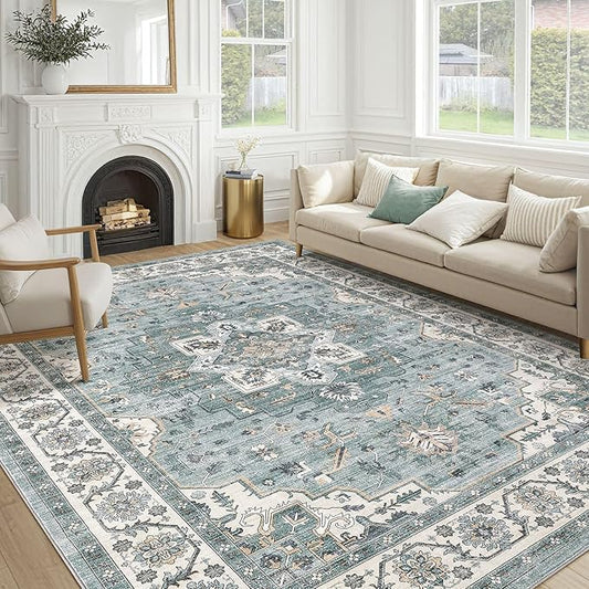 Vintage Living Room Area Rug 10x14 - Large Soft Washable Oriental Traditional Distressed Farmhouse Rugs for Bedroom - Indoor Floor Accent Carpet for Home Office House Decor - Denim Blue