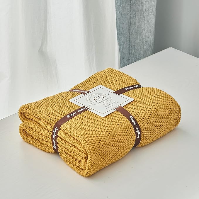 Longhui bedding Mustard Yellow Cotton Cable Knit Throw Blanket for Couch Sofa Bed, Home Decorative Lightweight Knitted Blankets with Bonus Laundering Bag, 50“ x 60”, Machine Washable