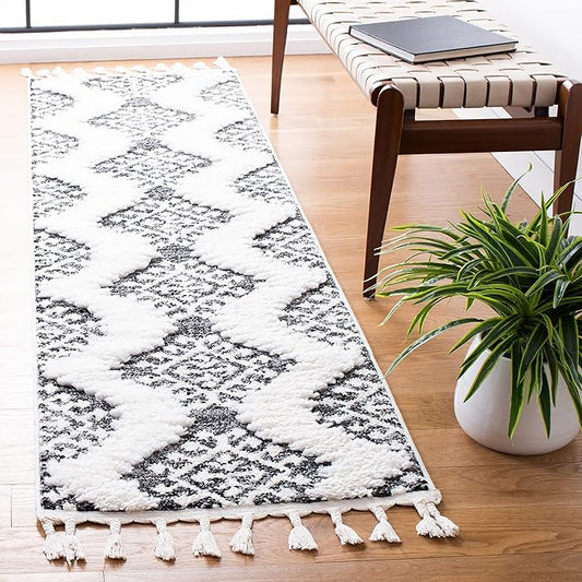 SAFAVIEH Moroccan Tassel Shag Collection Runner Rug - 2'3" x 8', Dark Grey & Ivory, Non-Shedding & Easy Care, 2-inch Thick Ideal for High Traffic Areas in Living Room, Bedroom (MTS652H)