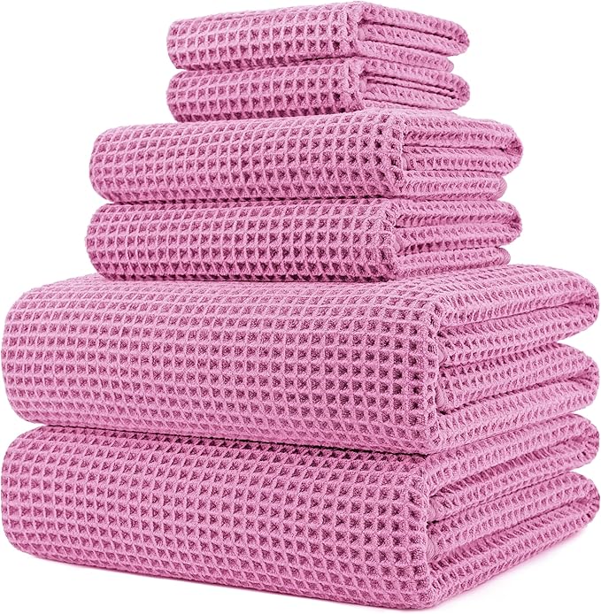 430 GSM Microfiber Quick Dry Lint Free Oversize Bath Towel Set, 6 Piece (Waffle Weave)