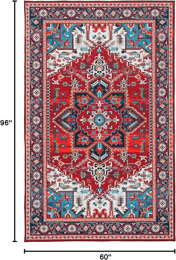 SAFAVIEH Washable Rug Tucson Collection - 5' x 8', Red & Blue, Slip Resistant & Easy to Clean, Ideal for Living Room, Bedroom, Dining Space (TSN101Q)