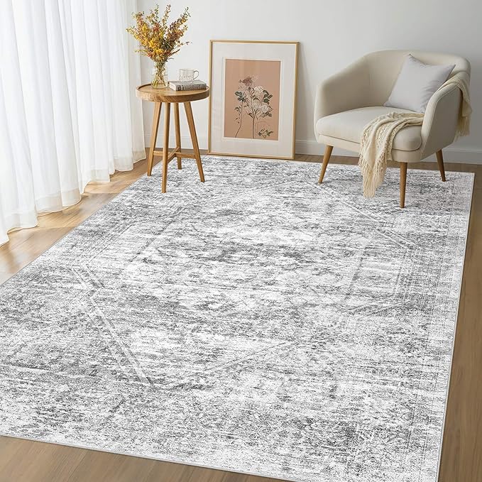 Vintage Living Room Area Rug 5x7 - Large Soft Washable Oriental Traditional Distressed Farmhouse Rugs for Bedroom - Indoor Floor Accent Carpet for Home Office House Decor - Distressed Grey