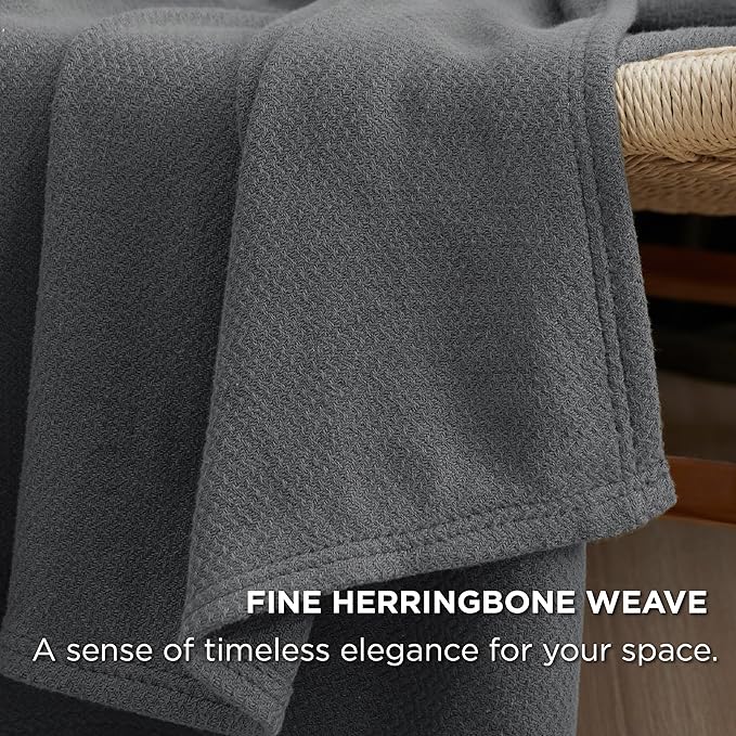 Bedsure GentleSoft 100% Cotton Large Blanket Oversized King for Bed 120x94 inches - Breathable Soft Cozy Herringbone Woven Blanket for Summer Spring, Couch Cover, Dark Grey