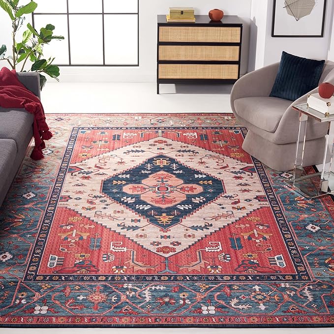 SAFAVIEH Washable Rug Tucson Collection - 9' x 12', Rust & Blue, Slip Resistant & Easy to Clean, Ideal for Living Room, Bedroom, Dining Space (TSN153P)