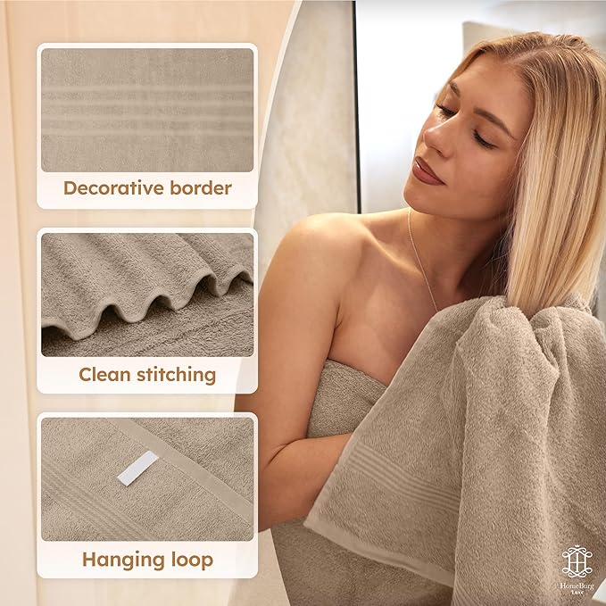 Luxe Set Bath Towels, Hand Towels, Washcloths, 100% Cotton, Soft and Absorbent, Sand/Beige, 65x54 in, 40x28 in, 30x30 cm