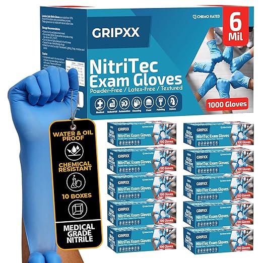 Heavy Duty 6 Mil Blue Nitrile Gloves Disposable Latex & Powder Free -Extra Stretchy Fentanyl Safe |Medical,First Aid Kit,EMT|Food Safe Rubber Gloves for Cooking & Cleaning|Bulk Pack (1000)