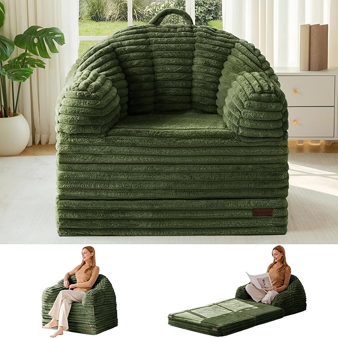 MAXYOYO Folding Sofa Bed, 2 in 1 Convertible Sofa to Lounger Comfy Faux Fur Bean Bag Chair for Adults, Floor Single Sleeper Couch Chair with Handle, Couch Bed for Living Room Bedroom, Dark Green