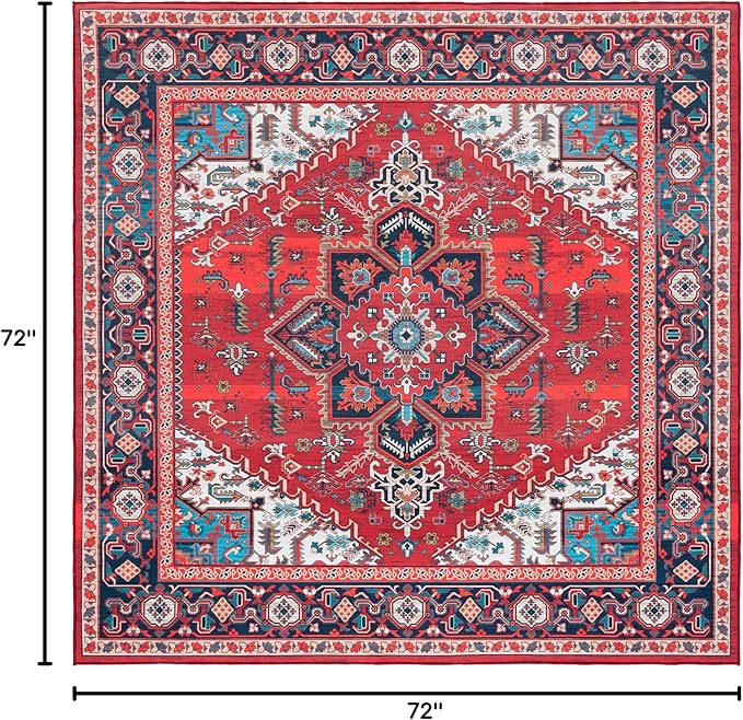 SAFAVIEH Washable Rug Tucson Collection - 6'6' Square, Red & Blue, Slip Resistant & Easy to Clean, Ideal for Living Room, Bedroom, Dining Space (TSN101Q)