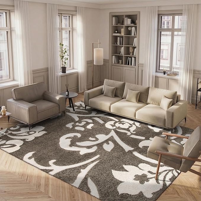 SAFAVIEH Area Rug 8x10 - Florida Shag Collection - Large - Smoke & Beige, Floral Design, Non-Shedding & Easy Cleaning, Plush Thick Pile, Ideal for Living Room, Bedroom, Dining Space (SG458-7913)