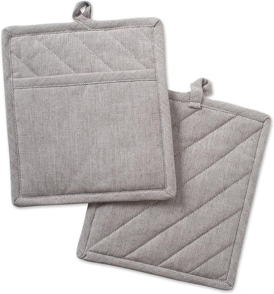 DII 100% Cotton Solid Chambray Kitchen Set, Potholders, Stone, 2 Piece