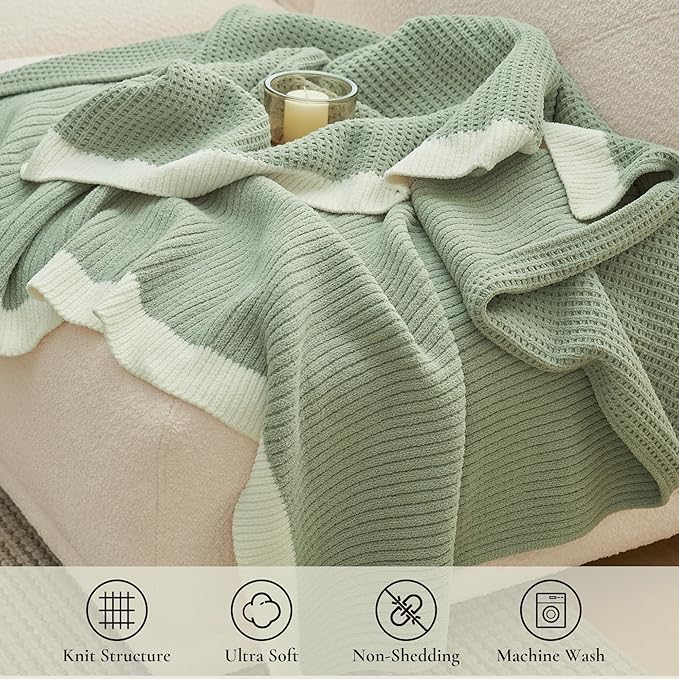 Amélie Home Chenille Throw Blanket, Soft Cozy Waffle Throw for Couch & Sofa, Warm Yet Lightweight, Breathable All-Season Throws for Women Men, Housewarming, Birthdays, 60"x80", Green