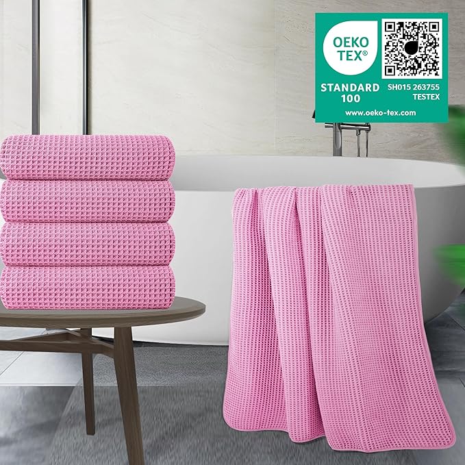 430 GSM Microfiber Oversize Quick Dry Lint Free Bath Towel, 60 x 30 in, 4 Pack (Waffle Weave)