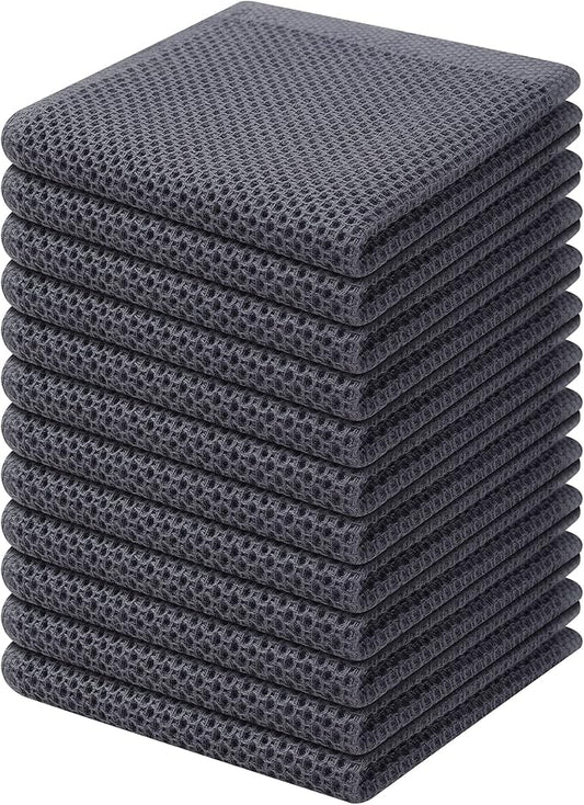 Kitinjoy 100% Cotton Kitchen Dish Cloths (12 X 12 Inches, Dark Grey), 12 Pack Waffle Weave Ultra Soft Absorbent Dish Towels for Drying Dishes Quick Drying Kitchen Towels Dish Rags
