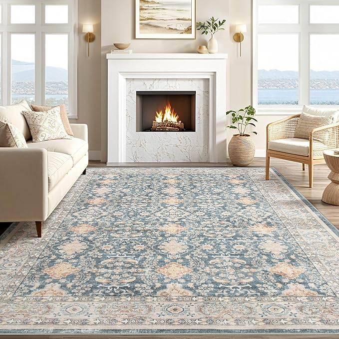 Vintage Living Room Area Rug 6x9 - Large Soft Washable Oriental Traditional Distressed Farmhouse Rugs for Bedroom - Indoor Floor Accent Carpet for Home Office House Decor - Dark Blue