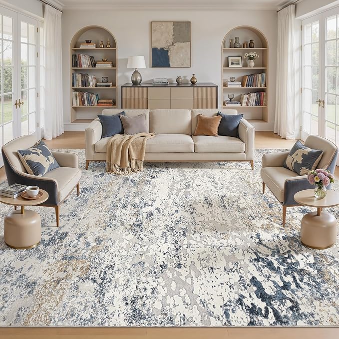 Area Rug Living Room Rugs - 12x15 Washable Extra Large Soft Indoor Neutral Modern Abstract Low Pile Rug Carpet for Bedroom Dining Room Farmhouse Home Office - Beige Blue