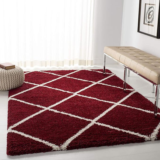 SAFAVIEH Hudson Shag Collection 7' Square Red / Ivory SGH281R Modern Diamond Trellis Non-Shedding Living Room Bedroom Dining Room Entryway Plush 2-inch Thick Area Rug