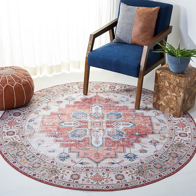 SAFAVIEH Washable Rug Tucson Collection - 4' Round, Beige & Blue, Slip Resistant & Easy to Clean, Ideal for Foyer, Kitchen, Nursery, Office, Bedroom (TSN109B)