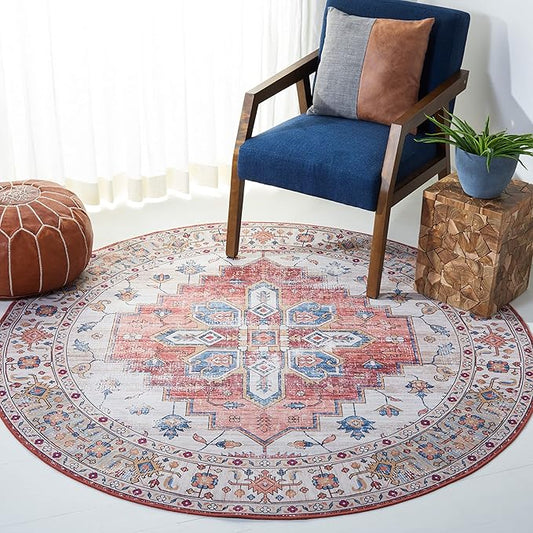 SAFAVIEH Washable Rug Tucson Collection - 6' Round, Beige & Blue, Slip Resistant & Easy to Clean, Ideal for Living Room, Bedroom, Dining Space (TSN109B)