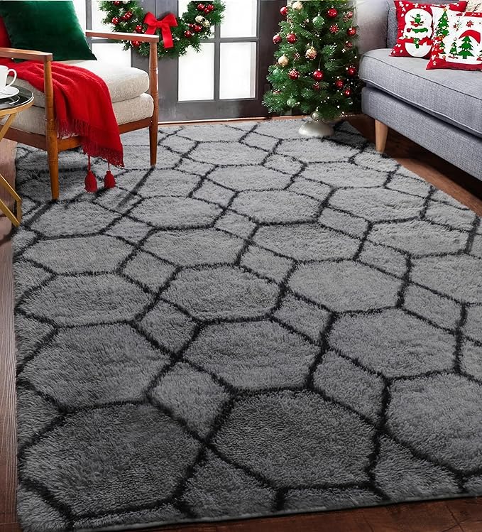 ONASAR Rugs for Living Room, Fluffy Soft 5x8 Grey and Black Geometric Area Rug for Bedroom, Shaggy Fuzzy Plush Moroccan Floor Carpet for Kids Boys Girls Teen Nursery Dorm Office Home Decor Aesthetic