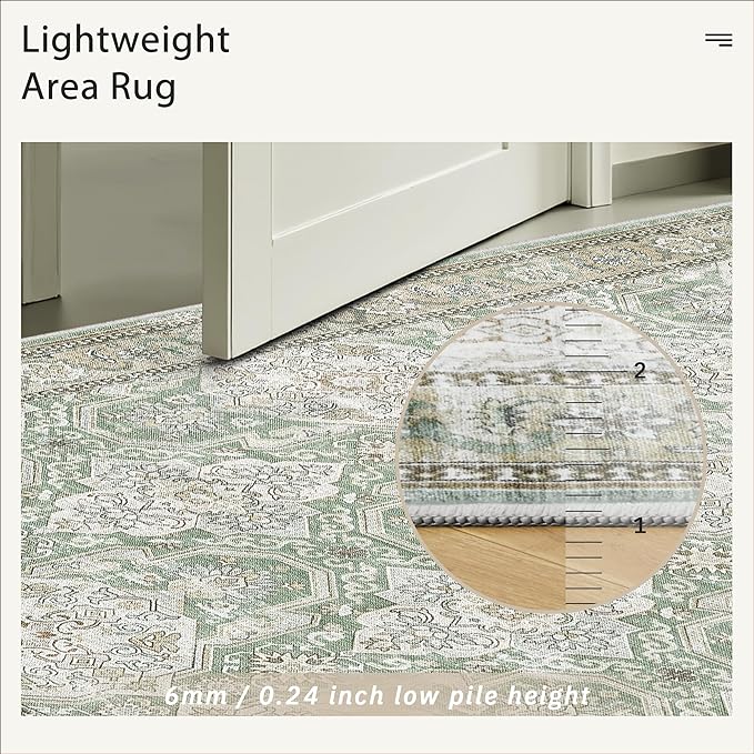 5x7 Area Rugs Green/Brown Low Pile Indoor Washable Trendy Faded Style Rugs for Bedroom Living Room Dining Room Foldable Non-Slip Thin Print Home Office Mat