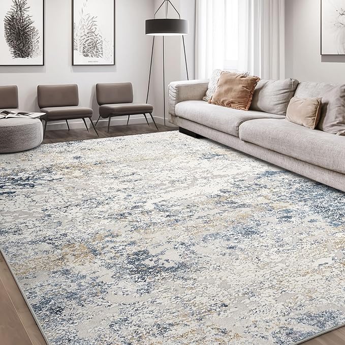 Area Rug Living Room Rugs - 8x10 Thickened Large Soft Indoor Neutral Modern Abstract Low Pile Washable Rug Carpet for Bedroom Dining Room Farmhouse Home Office - Beige Blue