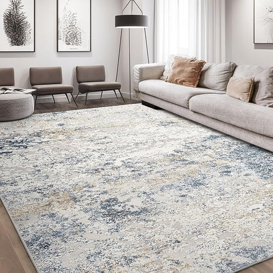 Area Rug Living Room Rugs - 8x10 Thickened Large Soft Indoor Neutral Modern Abstract Low Pile Washable Rug Carpet for Bedroom Dining Room Farmhouse Home Office - Beige Blue