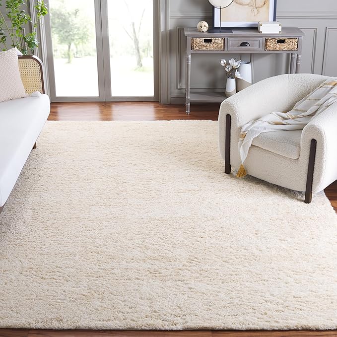 SAFAVIEH Area Rug 8x10 - Berber Shag Collection - Large - Ivory & Beige, Modern Design, Non-Shedding & Easy Cleaning, Plush Thick Pile, Ideal for Living Room, Bedroom, Dining Space (BER563A)