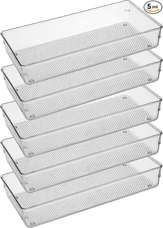 ihomecooker 5 Pack Clear Plastic Drawer Organizer Tray Cutlery Utensil Makeups Drawer Silverware Organizers 12" X 6"