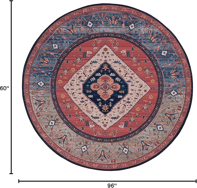 SAFAVIEH Washable Rug Tucson Collection - 5' x 8' Oval, Rust & Blue, Slip Resistant & Easy to Clean, Ideal for Living Room, Bedroom, Dining Space (TSN153P)