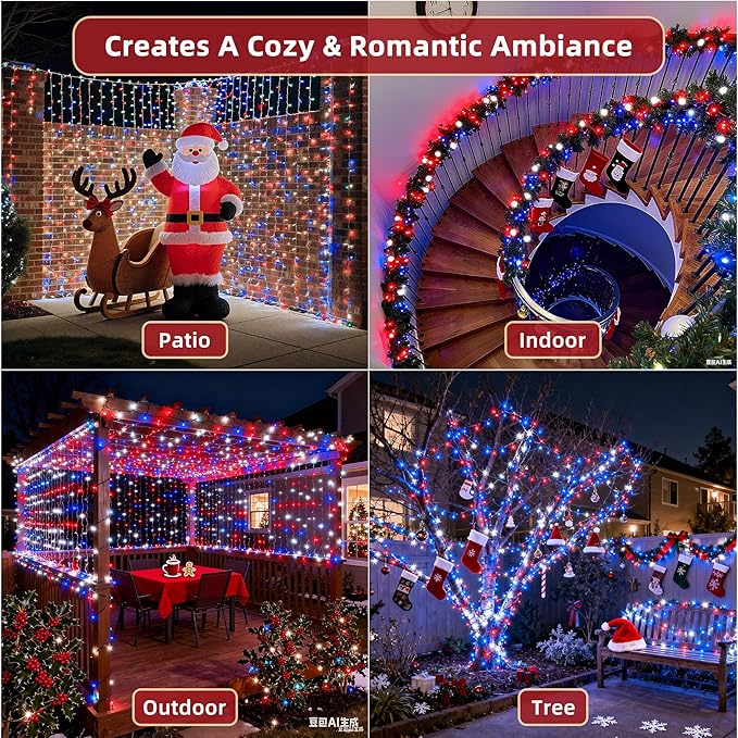 470ft Outdoor Christmas Lights, 1500 LED Super Long String Lights 12 Modes & Timer Memory, Dimmable Waterproof Light Strings for Xmas Tree Garden Wedding Party Holiday Decorations Red White & Blue