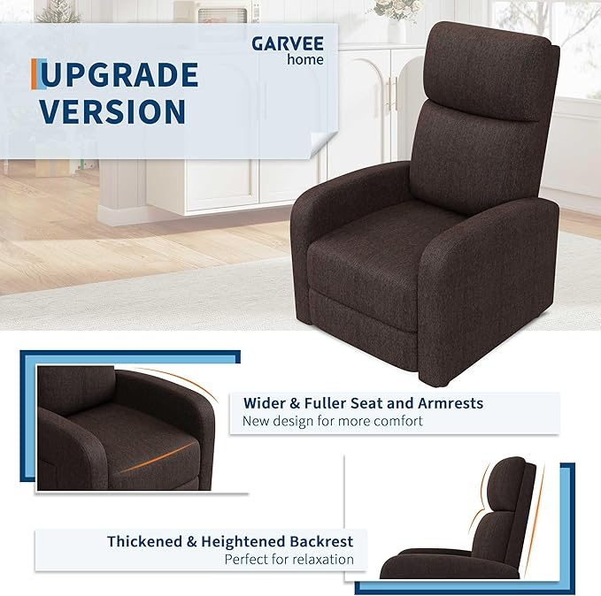 Garvee Recliner Chair for Adults, Lazy Reclining Chair Ergonomic Adjustable Single Sofa Enhanced with Side Pocket, Tall Back, Wide Arms & Padded Seat, Home Theater Seating for Living Room