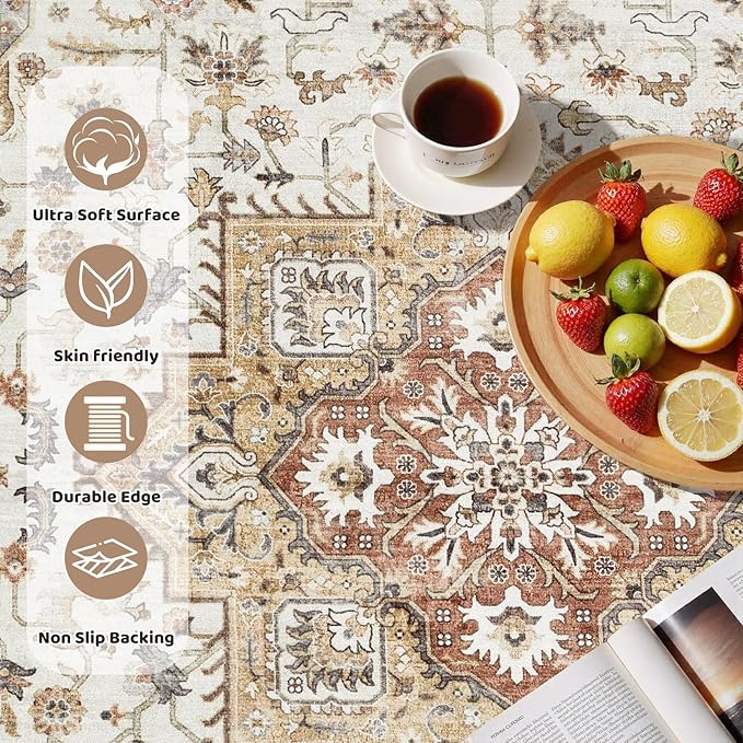 6ft Round Vintage Living Room Area Rug - 6x6 Large Soft Washable Oriental Traditional Distressed Farmhouse Rugs for Bedroom - Indoor Floor Accent Carpet for Home Office House Decor - Golden Taupe