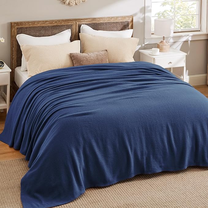 Bedsure GentleSoft 100% Cotton Blanket Queen Size for Bed - Breathable and Lightweight, Soft Cozy Textured Herringbone Woven Blanket for Summer, Navy Blue, 90x90 inches