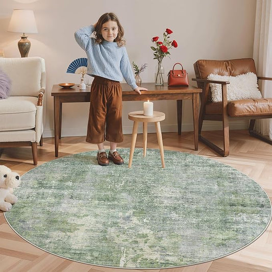 5x5 Green/Ivory Round Rug 5ft Living Room Circle Rug Vintage Round Area Rug Non Slip Indoor Carpet for Entryway Dining Room Bedroom