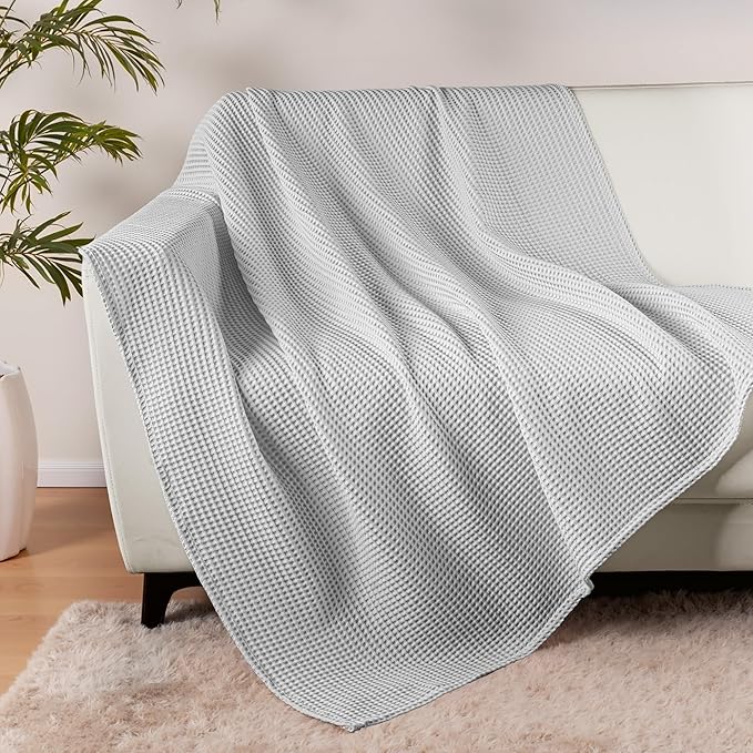 Exclusivo Mezcla 100% Cotton Waffle Weave Throw Blanket, Soft, Lightweight and Breathable Muslin Gauze Blanket for Couch, Sofa, All Season, 50"x70", Light Grey