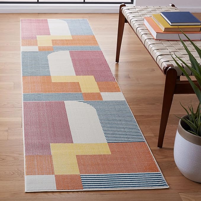 SAFAVIEH Orwell Collection Runner Rug - 2'2" x 8', Rust & Yellow, Mid-Century Modern Abstract Design, Non-Shedding & Easy Care, Ideal for High Traffic Areas in Living Room, Bedroom (ORW368P)