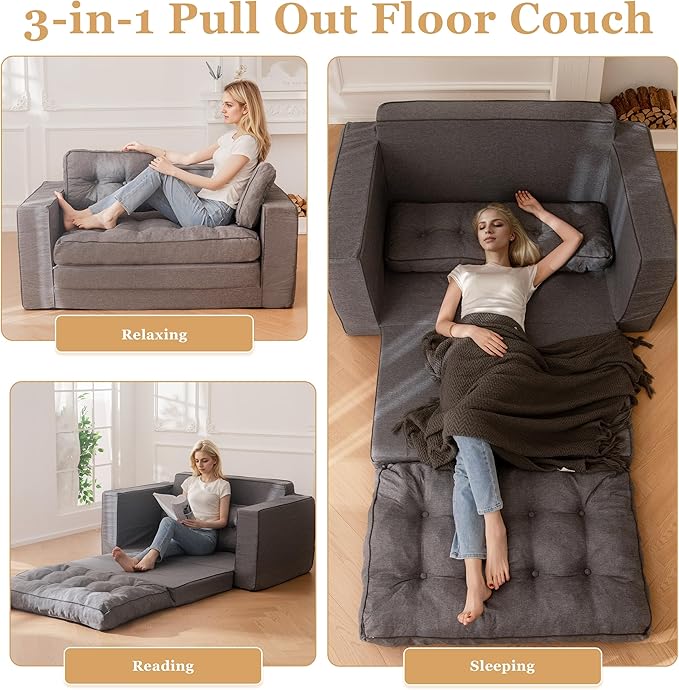 YOSHOOT Loveseat Sleeper Sofa,55" Convertible Sofa Bed Couch Futon Couches for Living Room,3-in-1 Pull Out Floor Couch with Reclining Backrest and Pillows