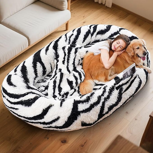 Human Dog Bed, 74.8''x47.2''x13.7'' Size Fits Adult and Pet Washable Giant People Dog Bed with Blanket, Zebra Stripe