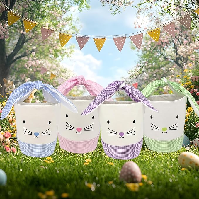 Easter Bunny Canvas Basket, Easter Egg Basket, Bunny Face, White with Gingham Pattern, 8x10 Inches, Foldable Tie Handle (Pink)